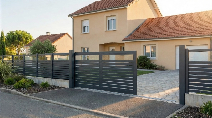 Portail aluminium coulissant gris